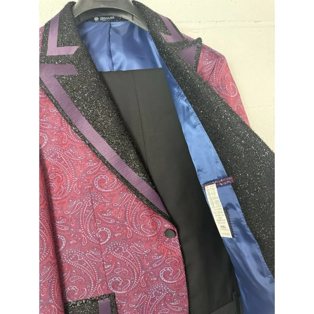 Ziggler Milano Mens Tuxedo Suit Blazer Pants Paisley Red Blue US 46 EU 56 T10